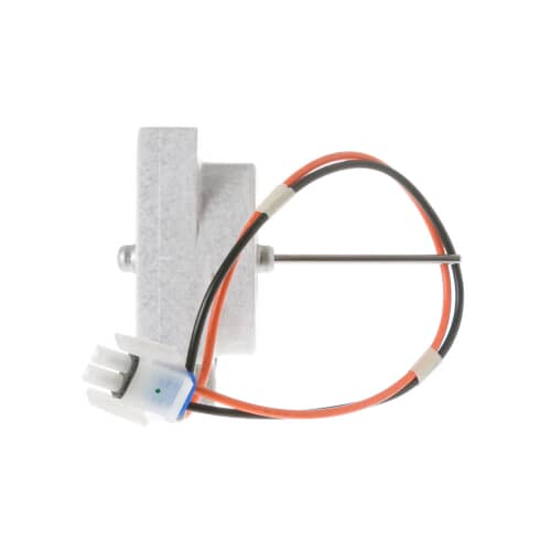 Side view of GE WR60X10257 refrigerator evaporator fan motor showing wiring and mounting plate.