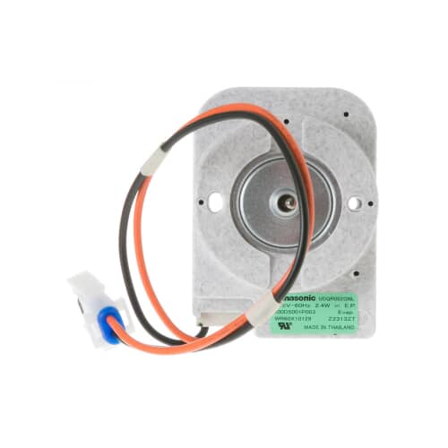 Front view of GE WR60X10257 OEM refrigerator evaporator fan motor with attached wire harness.