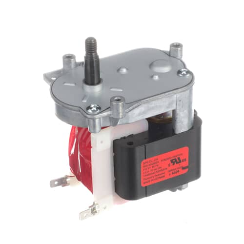 Side view of GE WR60X10258 refrigerator ice crusher motor highlighting electrical terminals and rotor housing.
