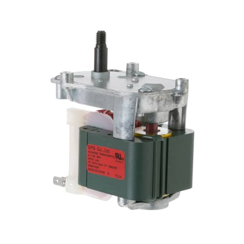 Front angled view of GE WR60X10258 refrigerator ice crusher motor showing metal housing and drive shaft assembly.