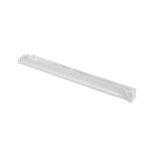 Side view of GE WR72X240 refrigerator crisper drawer slide rail highlighting smooth guide track.
