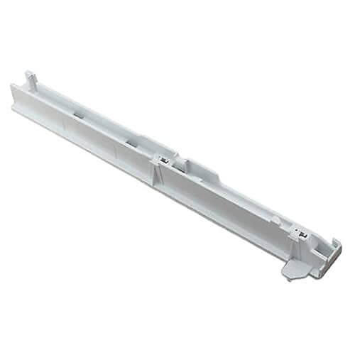 Top view of GE WR72X240 refrigerator right-side crisper drawer slide rail showing molded white plastic construction.
