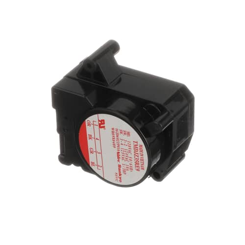 Side view of GE WR9X489 OEM refrigerator defrost timer in black plastic housing with wiring terminals visible.