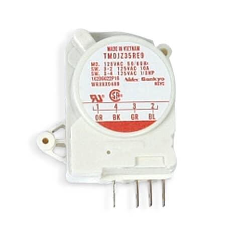 Front view of GE WR9X489 refrigerator defrost control timer showing connector pins and wiring label.