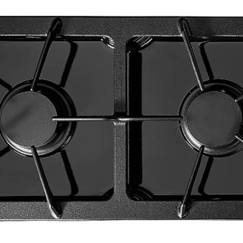 Top view of two black gas stove burners and grates