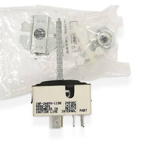 A black infinite switch with a long shaft, accompanied by nuts, screws, and a white plastic spacer on a blue surface.