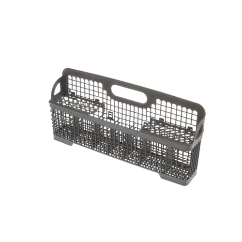 An angled perspective of a long, gray KitchenAid dishwasher silverware basket, showing its grid pattern and open-top compartments.