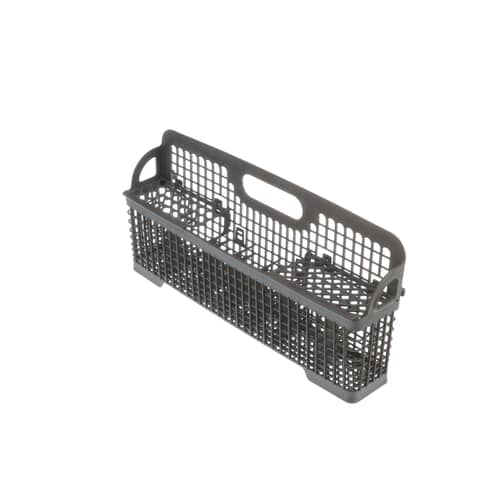 A side-angled view of the gray KitchenAid silverware basket, highlighting its full length and integrated handle.