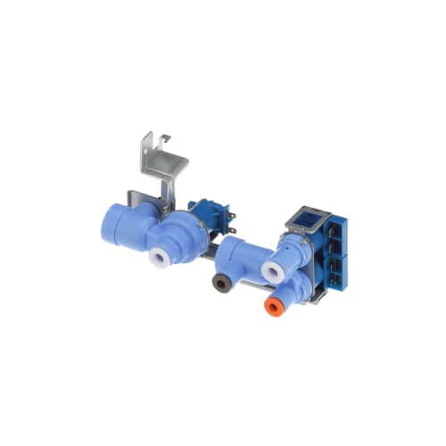 Angled view of the LG 5221JA2006D valve showing the three blue solenoids and push-in water fittings
