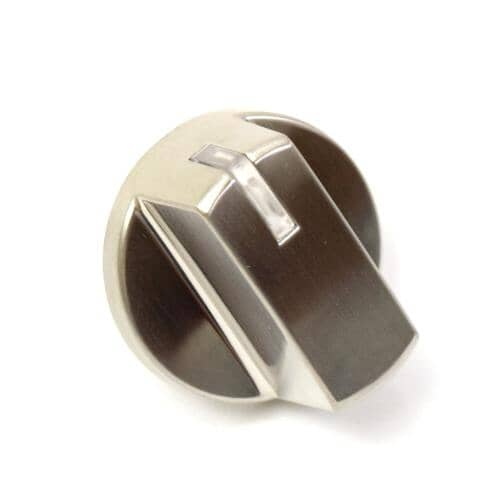 Angled view of the LG AEZ73293801 gas range cooktop burner control knob with metallic finish.
