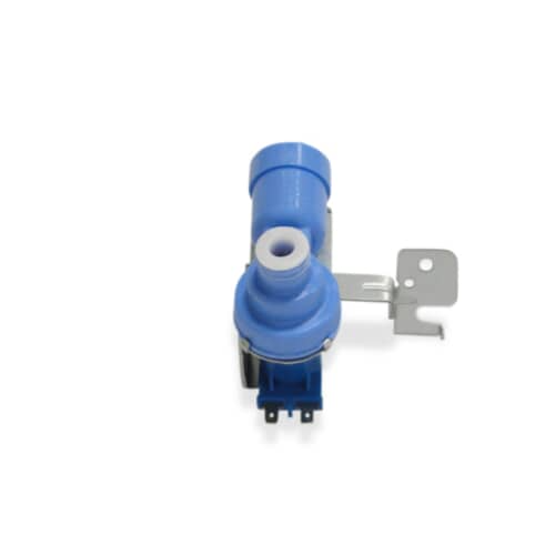 Front view of LG MJX41178908 OEM refrigerator water inlet valve, blue single coil assembly for ice maker and dispenser.