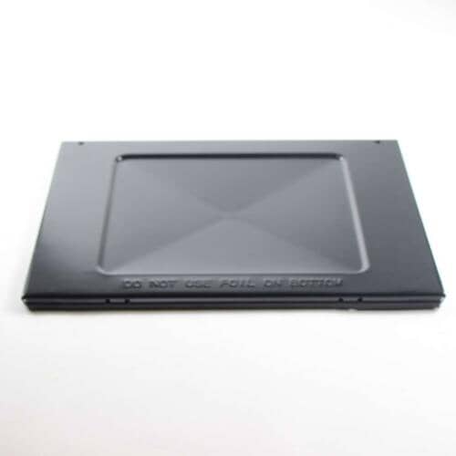 Black oven bottom pan with "DO NOT USE FOIL" warning