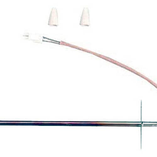 A metallic oven temperature sensor probe with a thin white wire and connector attached. The kit also includes a square mounting bracket and two white wire nuts.