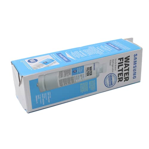 The white, cylindrical Samsung water filter lying on its side against a white background, showing the pink end cap.