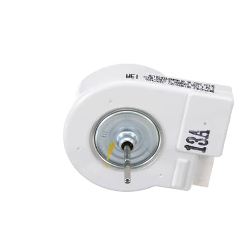 Side profile of the DA31-00146H fan motor showing the motor shaft and white housing.