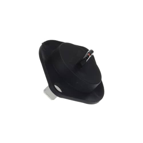 A black cylindrical thermistor component with a square flange, showing two electrical spade terminals protruding from the mounting.