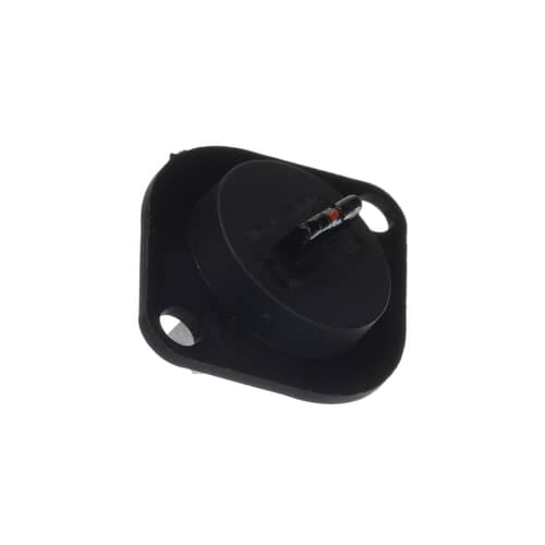 The thermistor viewed from the mounting flange side, showing the mounting holes and the tip of the sensing probe.
