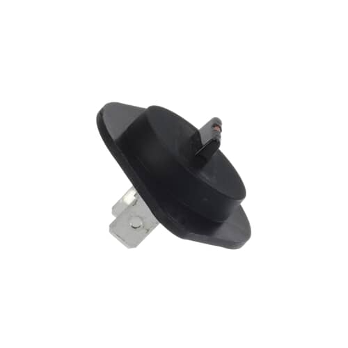A side view of the black, round component with the attached mounting tabs, set against a white background.