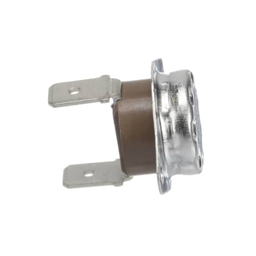 An angled view of the thermostat showing the black body, metal housing, and two spade electrical terminals.