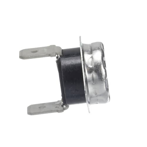 Side view of the safety thermostat, clearly showing the two electrical spade terminals and the metal mounting flange.
