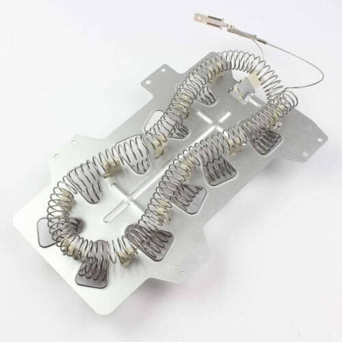 Samsung DC47-00019A dryer heating element showing the dual serpentine coils mounted on a metallic bracket, with wire leads at the end.