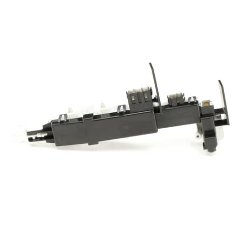 A side profile view of the rectangular door lock switch housing, showing the structural mounting tabs.