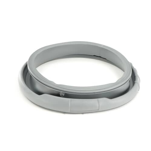 Light gray Samsung washer door diaphragm shown at a low angle, highlighting the large front cuff ring.