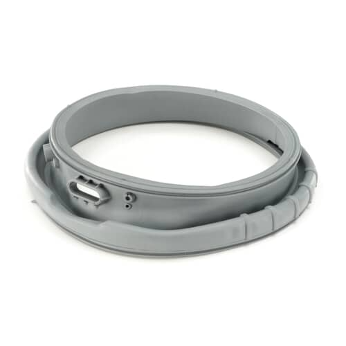 Gray rubber washing machine door boot seal (diaphragm) shown at an angle, highlighting the thicker outer ring.