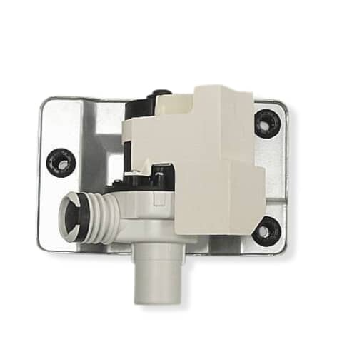 Side view of the drain pump showing the white plastic volute housing and the electrical connector block.