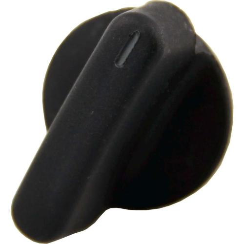 An angled view of a silver-colored control knob with a black base and a pointer line.