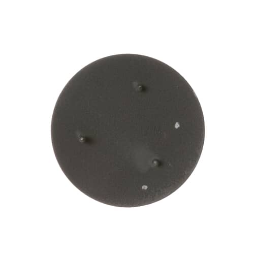 A clean, overhead view of a simple, solid black control knob cap with a smooth finish.