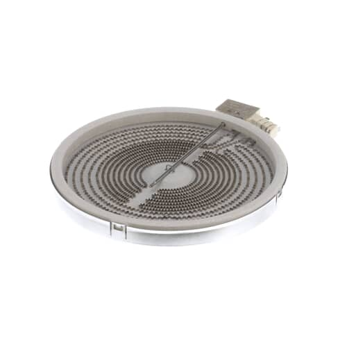 An overhead view of a coiled stove heating element with a small control module attached.