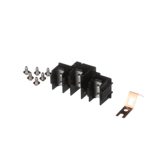 A black three-slot terminal block kit viewed from the side, clearly showing the three internal metal terminals. The accompanying screws and copper bracket are laid out next to it.