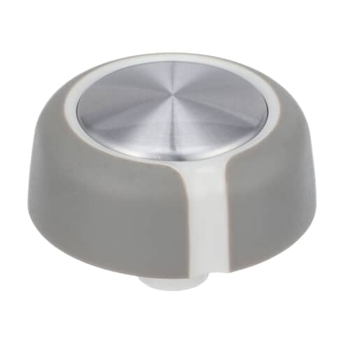 Front view of the grey Whirlpool control knob with a metallic center and white accents. OEM part WP8538957, suitable for Whirlpool washers and dryers.