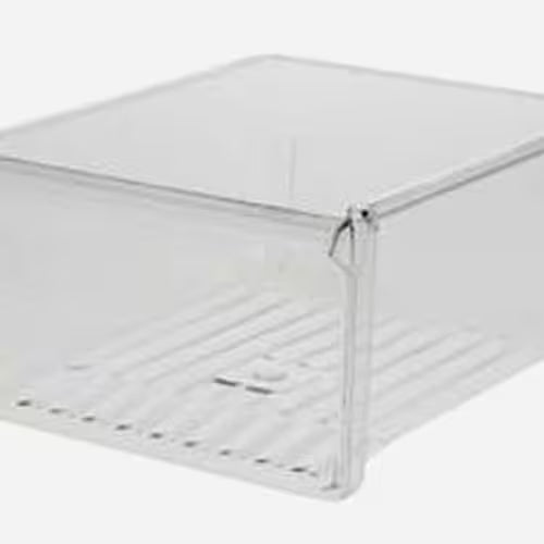 Close-up of GE WR32X10340 part number label on clear crisper drawer