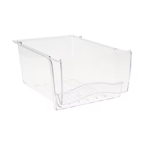 Close-up of GE WR32X10697 part number label on crisper drawer bin