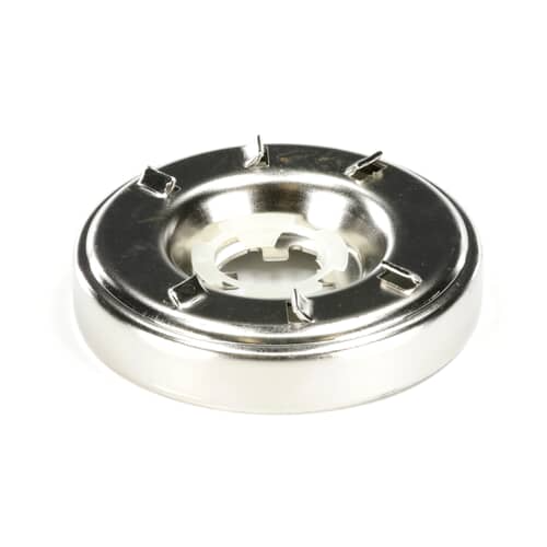 An angled perspective of a shiny metal washer clutch brake cam driver, showing the raised tabs on top and the white plastic center insert.