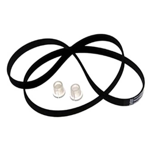 Angled view of the Whirlpool 12001788 drive belt and two motor isolators.