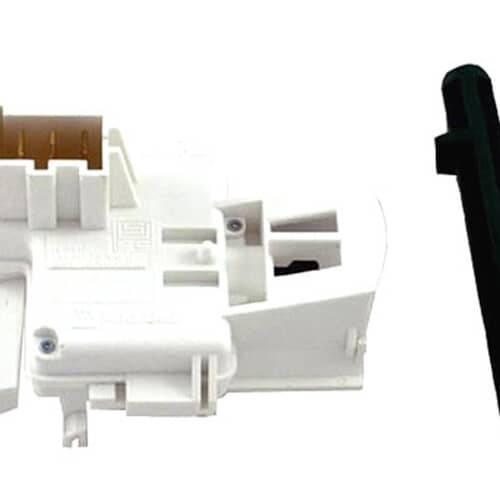 Whirlpool 12001908 lid strike assembly with light gray actuator rod on blue background