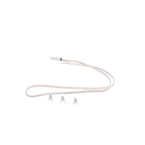 The temperature sensor shown diagonally on a white surface, displaying the full length of the probe and wiring.