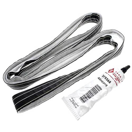 A looped gray and black fabric dryer seal next to a small tube of adhesive on a white background.