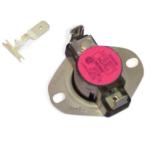 A dryer high-limit thermostat showing a red circular label with part numbers (203036, 342763), two electrical terminals, and a metal mounting bracket.