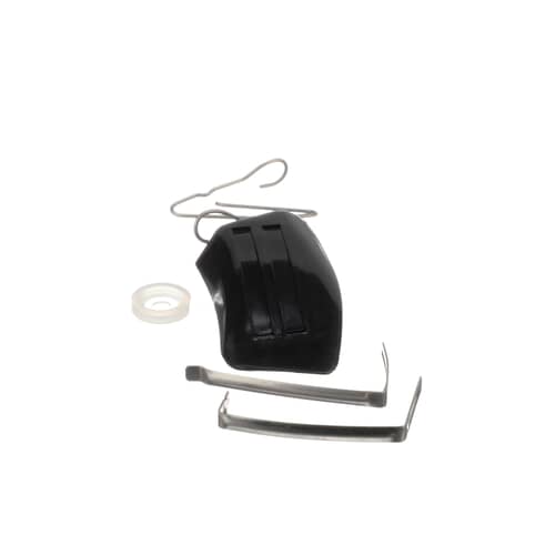 A dryer moisture sensor kit against a white background, showing the black plastic sensor housing, a felt pad, metal clips, and mounting hardware.