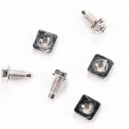 A collection of various silver screws and three square nuts, suggesting hardware needed for electrical/mounting points.