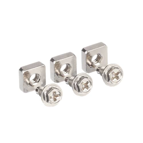 A set of three silver hex-head screws paired with matching square nuts, shown against a white background.