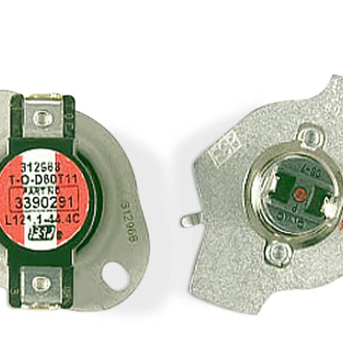 Side view of the metal-cased thermostat component from the kit, showing its two spade terminals.