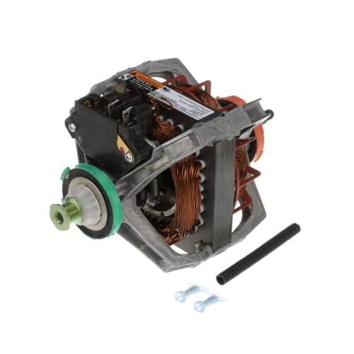 Whirlpool washer drive motor assembly shown with copper windings visible through the gray metal frame, featuring the drive pulley on the left.