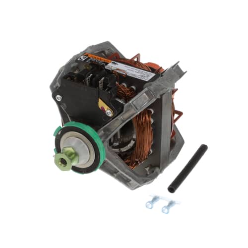 The complete Whirlpool drive motor assembly shown with loose hardware, including mounting bolts and a black rod/bushing.
