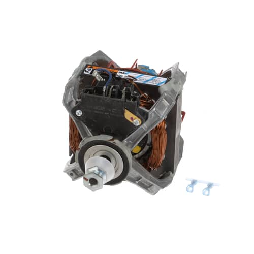 An image of the Whirlpool dryer drive motor assembly showing the main windings, metal frame, and the pulley shaft on the left side.