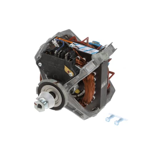 A slightly different angle of the dryer motor showing the electrical connection block on top and two mounting screws below.